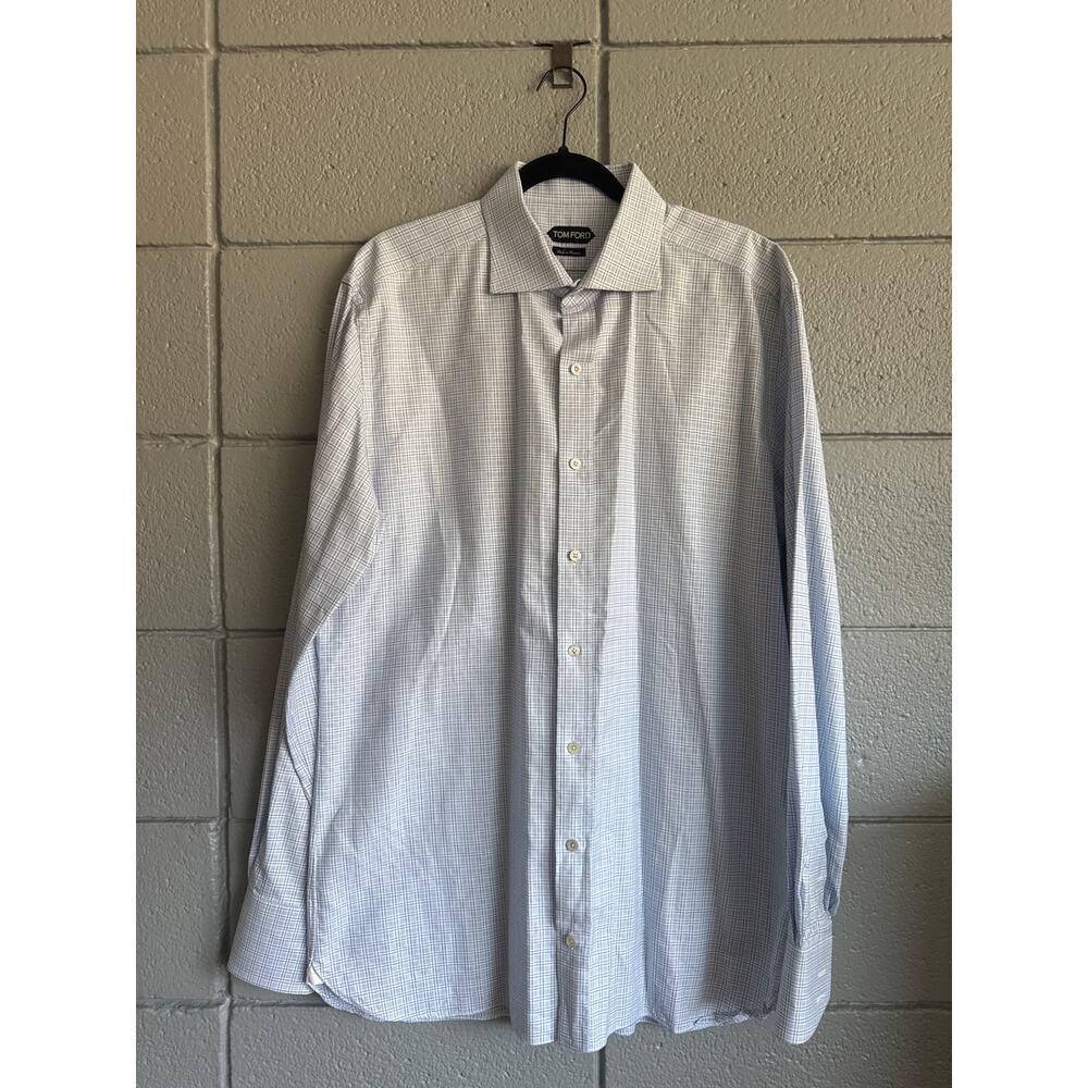 Tom Ford Blue and White Checked Long-sleeve Dress Shirt size 44